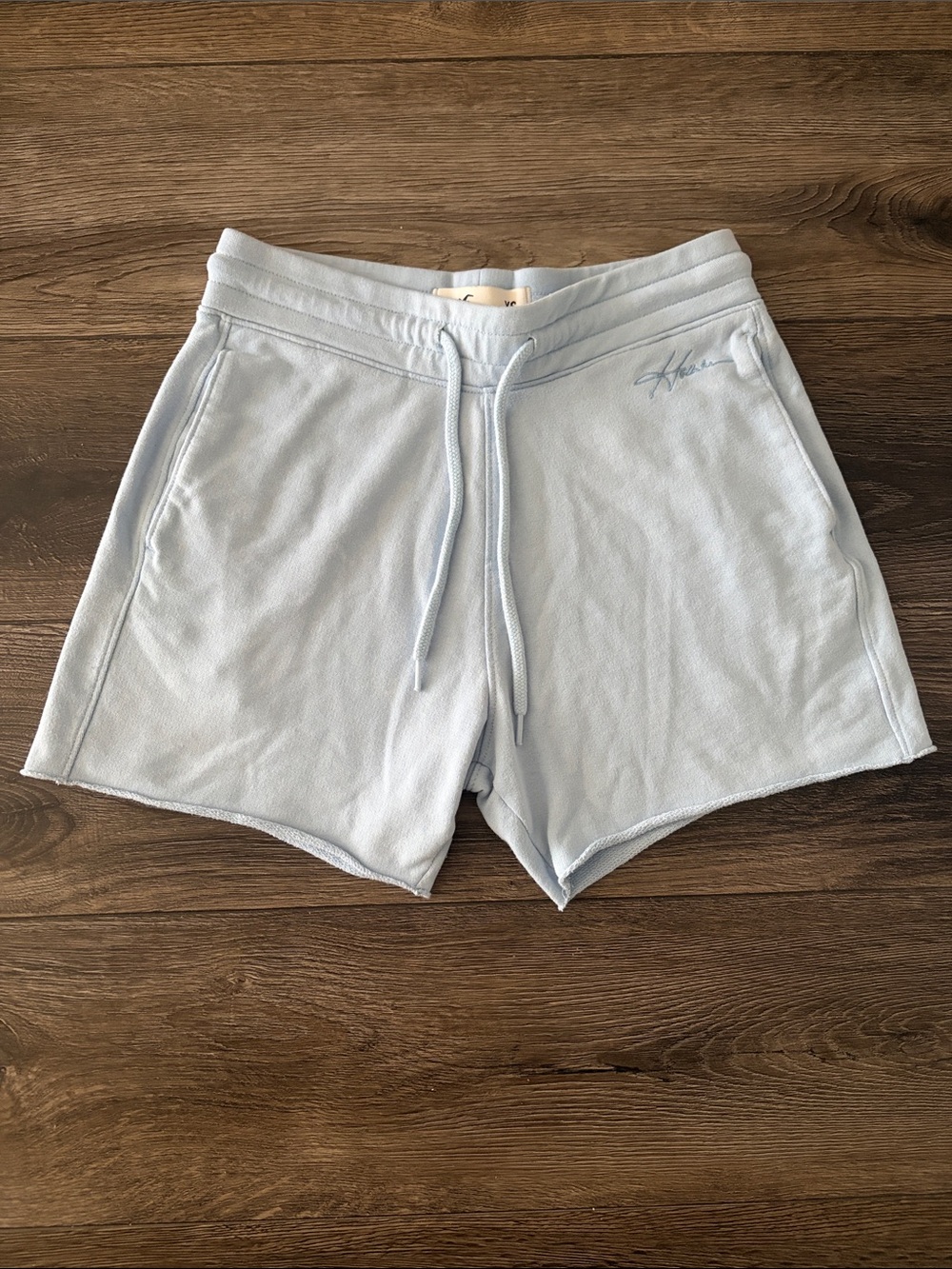 Y2K Preppy Hollister Light Blue Fleece Sweat Shorts Raw Hem Drawstring Size XS